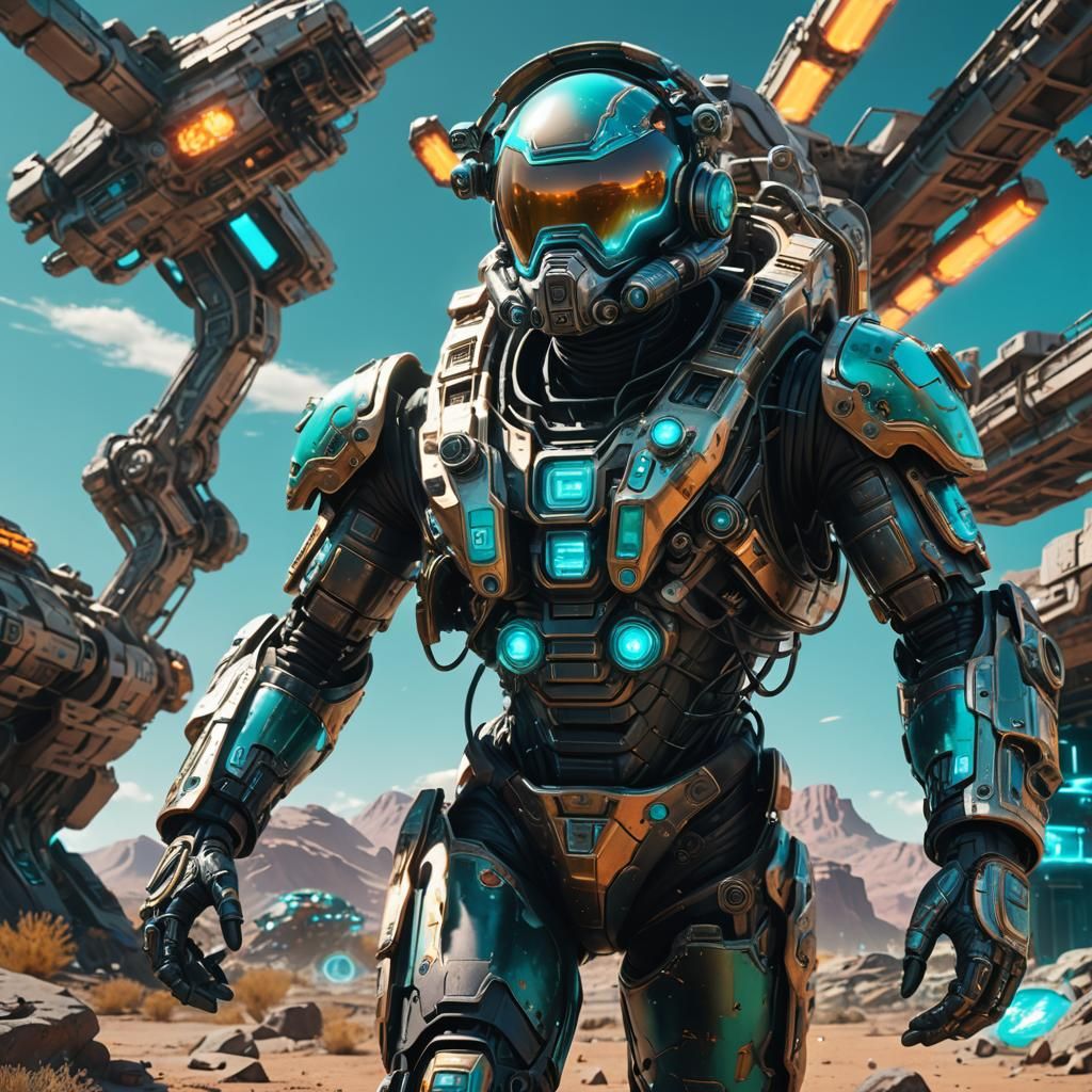 Biomechanical Astronaut Emitting Light Against Turquoise Sky