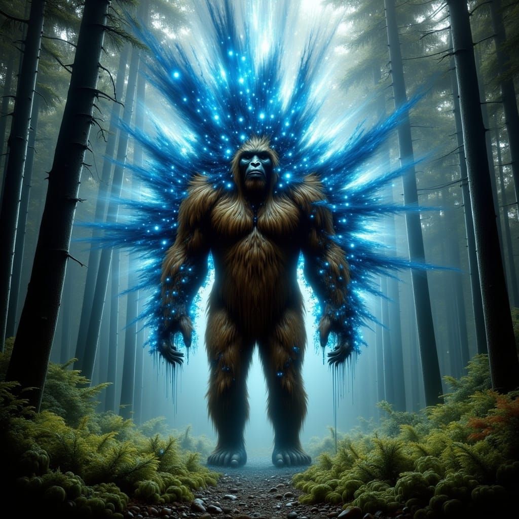 Bigfoot's Explosive Transformation in Misty Forest