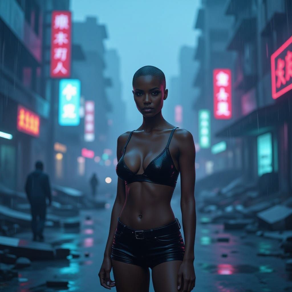 Surreal Cyberpunk Goddess Amidst Futuristic Ruins