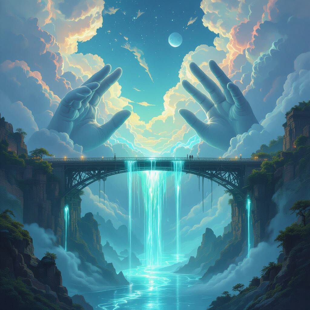 Surreal Bridge Between Cloud-Hands with Rivers of Light