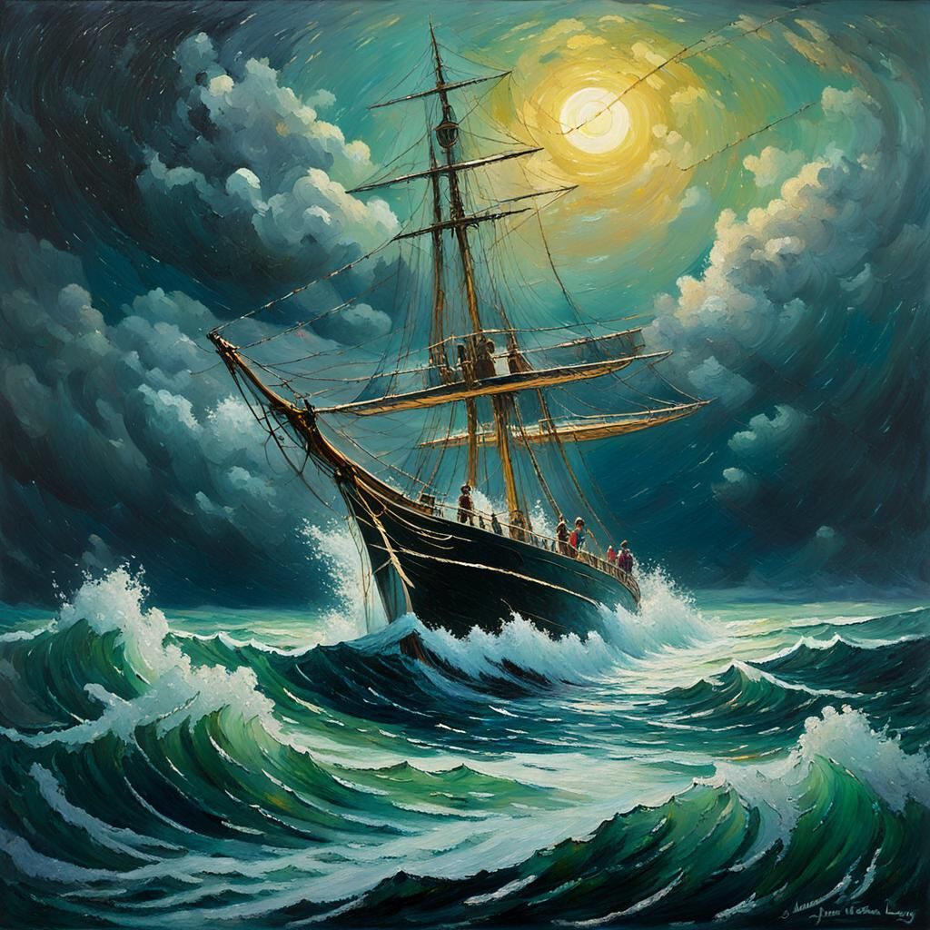 Stormy Seas: Impressionist Painting of Ship at Night