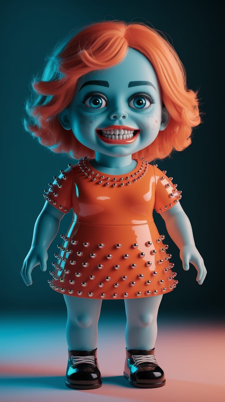 Creepy Plush Doll in Retrofuturistic Orange Dress