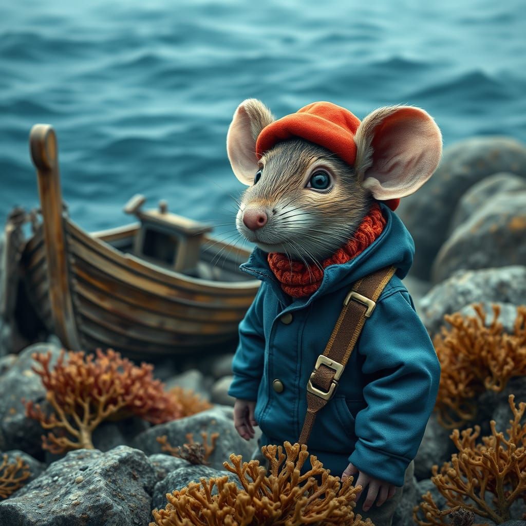 Mouse as Jacques Cousteau on Shoreline, Photorealistic Style