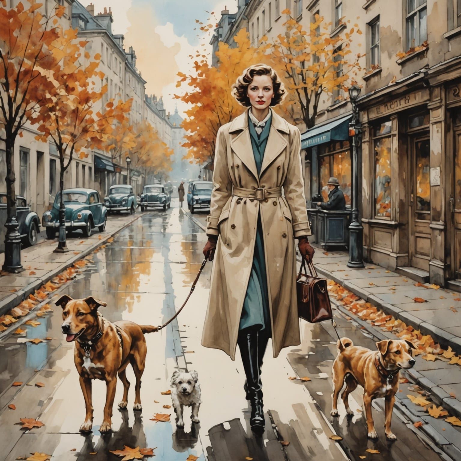 Elegant Woman Walks Dog in 1940s Graffiti Art