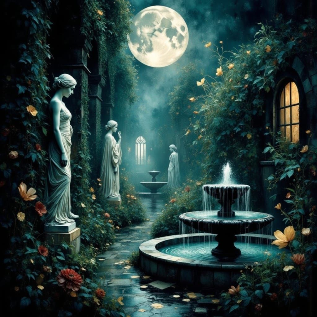 Ink-Black Garden of Whispering Statues