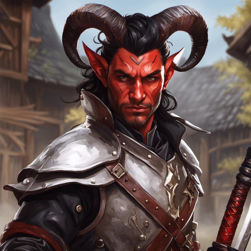 Tiefling Mercenary in Fantasy Village: Hyperrealistic Art