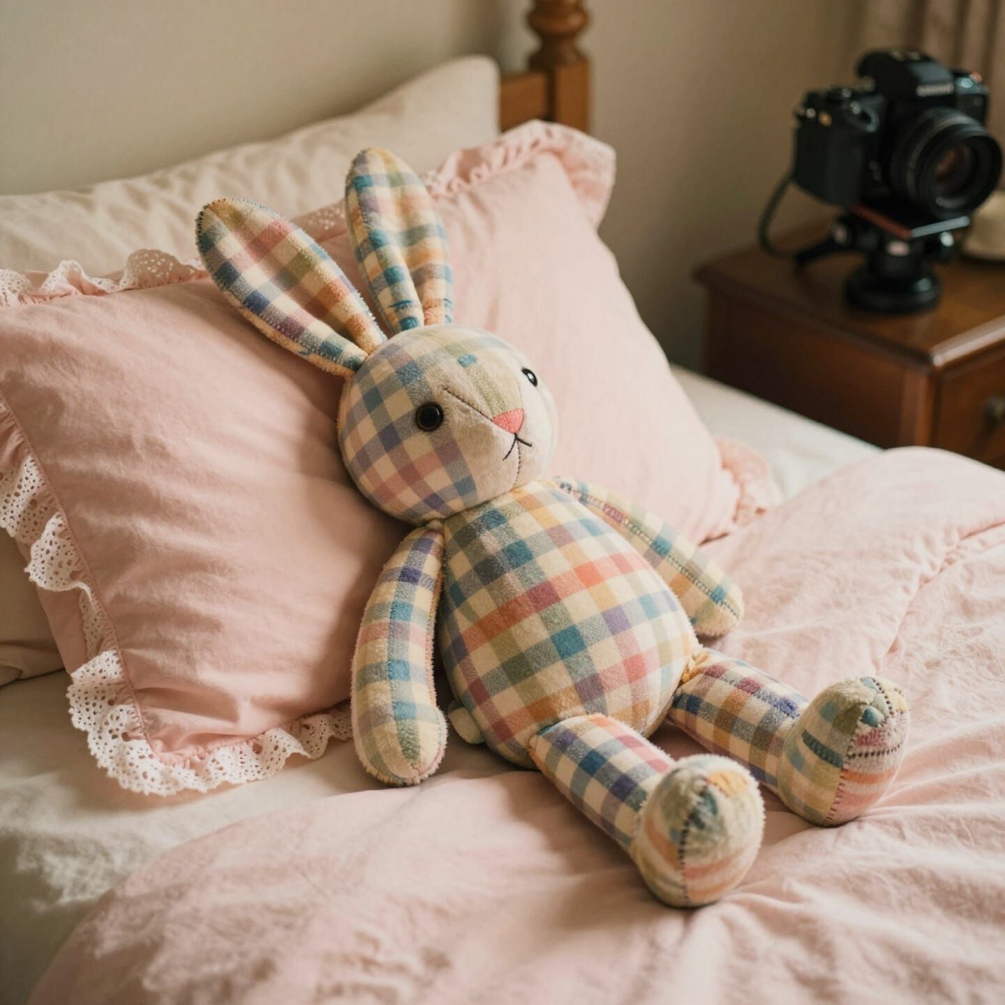 Cute Gingham Rabbit Plushie on Feminine Bed