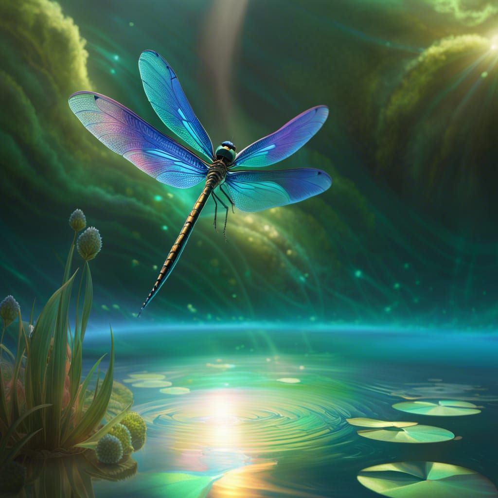 Iridescent Dragonfly Over Pond in Art Nouveau Style