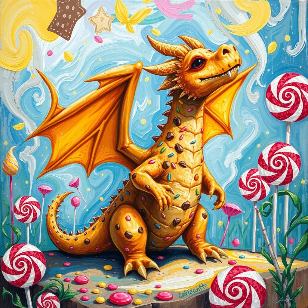 Neo-Impressionist Cookie Dragon in Whimsical Candy Wonderlan...