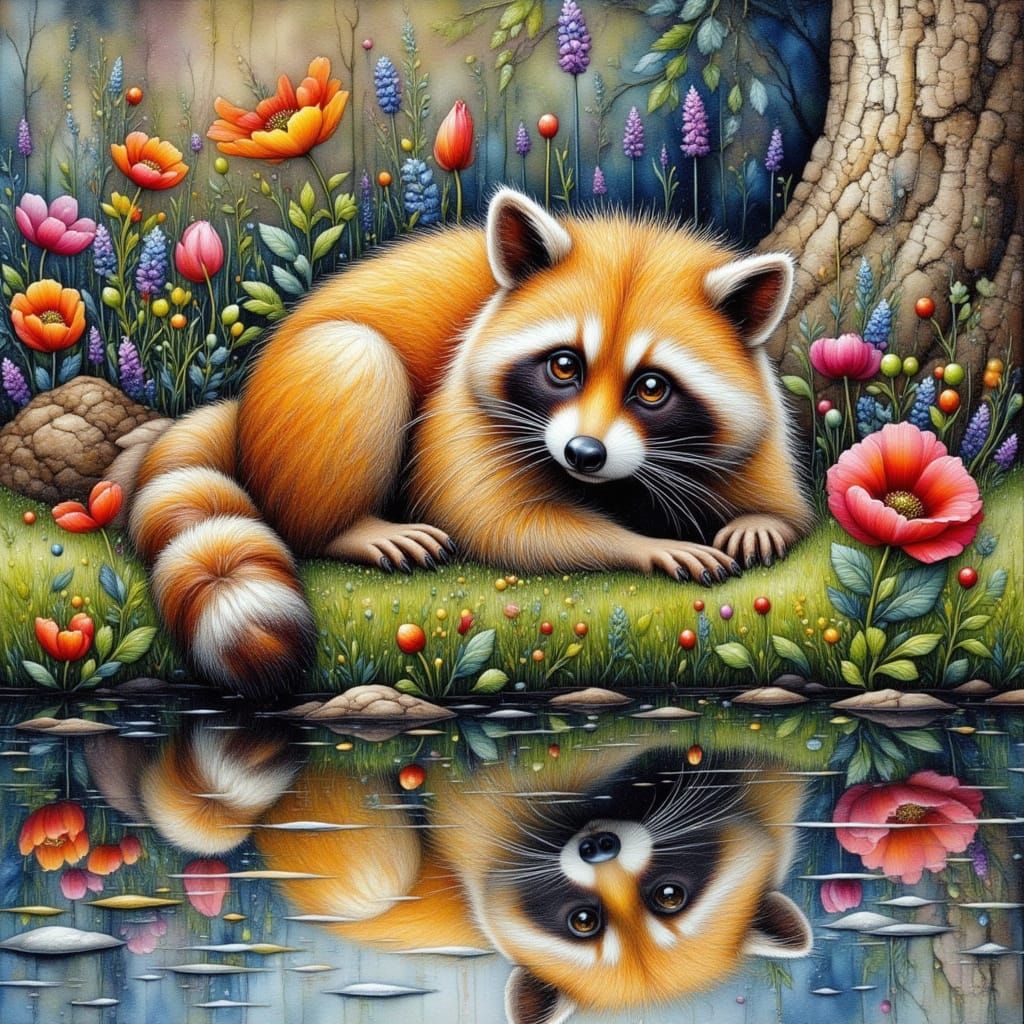 Racoon <lora:Abstract Surprise FX:1.0> <lora:Gewatteerd borduurwerk:1.0> <lora:Hennie Alcoholink:1.0> <lora:Glitter Fair...