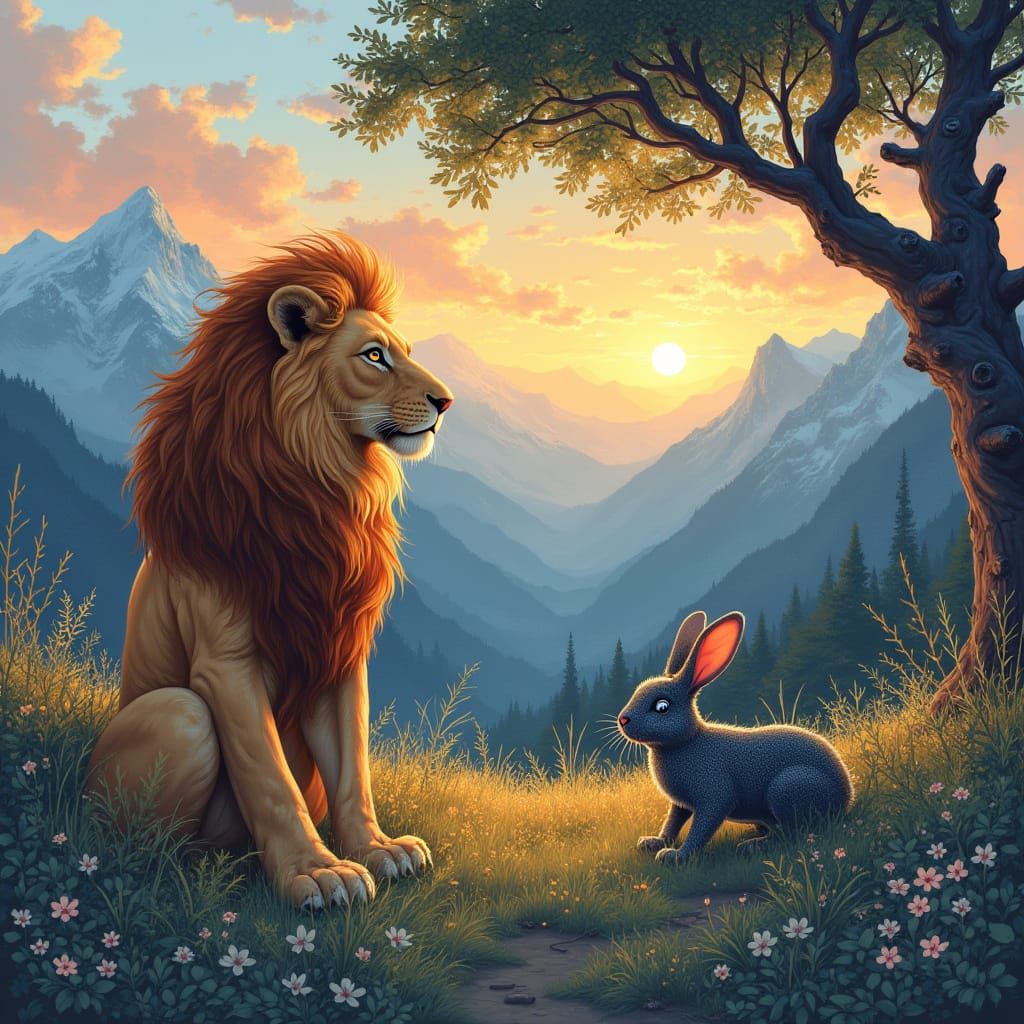 Lion in Misty Mountain Meadow, Elephant in Dramatic Sunset, ...