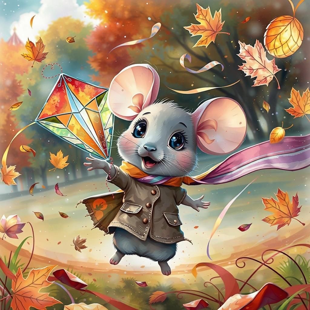 Whimsical Watercolor Kite Flying on Windy Autumn Day