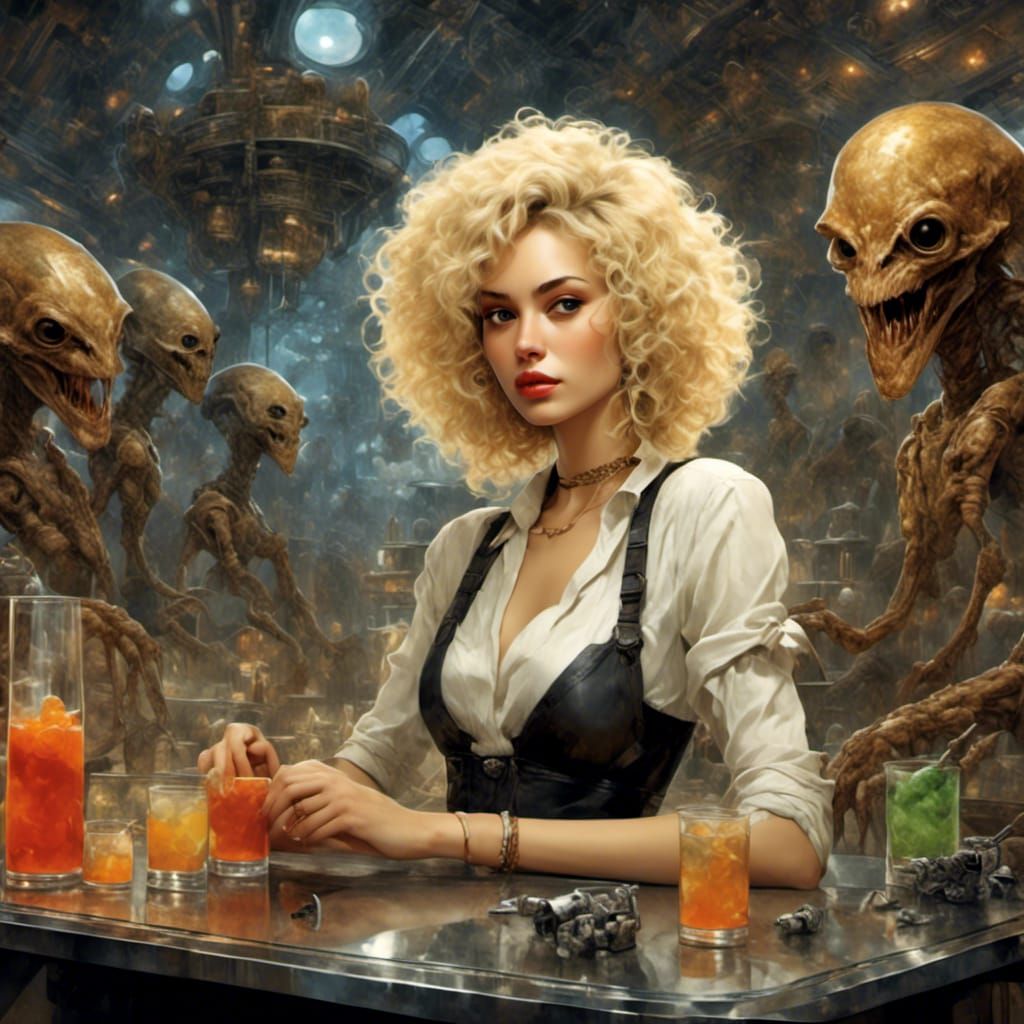 Blonde Bartender Mixing Cocktails in Space Cafe