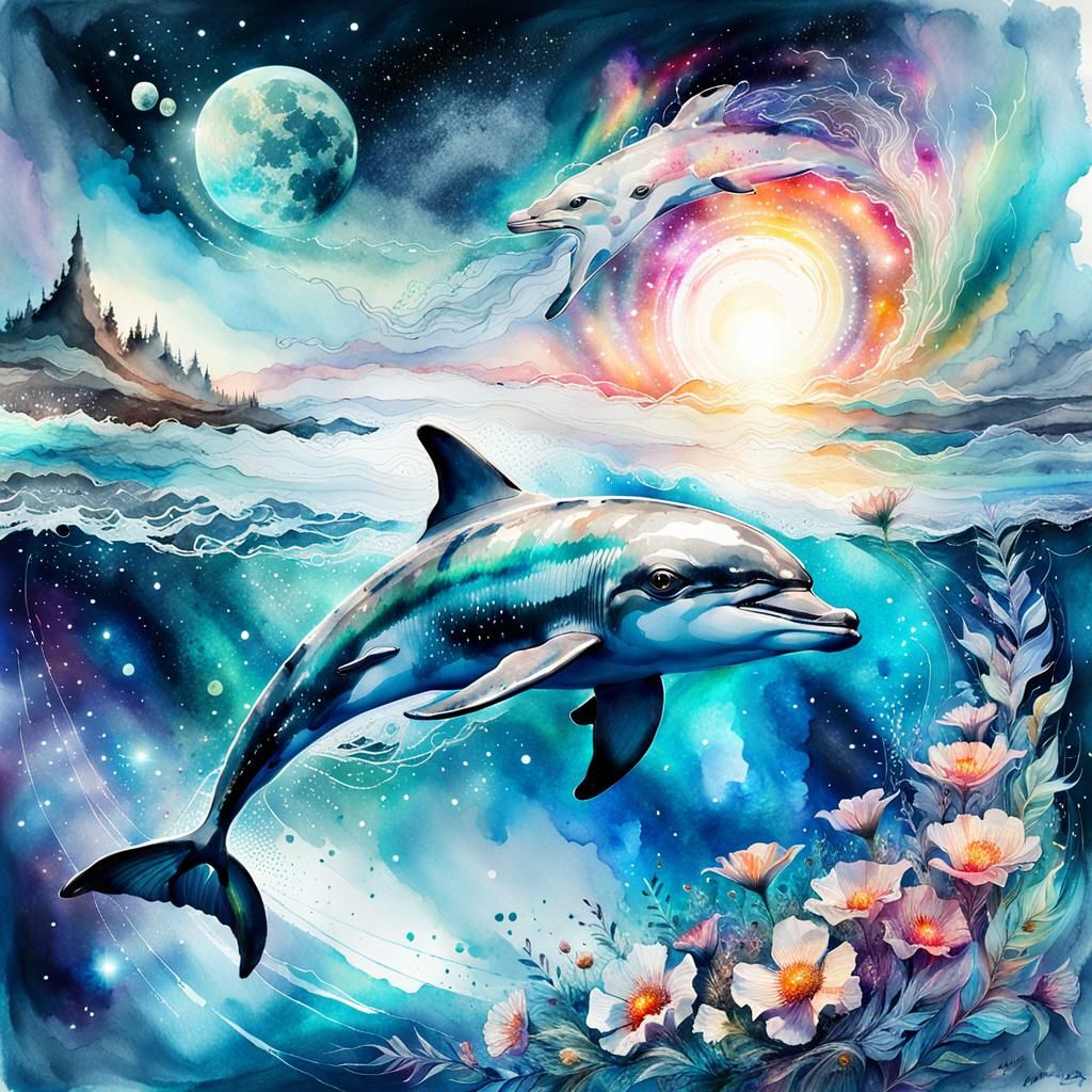 Cosmic Dolphin Swimming in Galactic Aurora, Watercolor Art