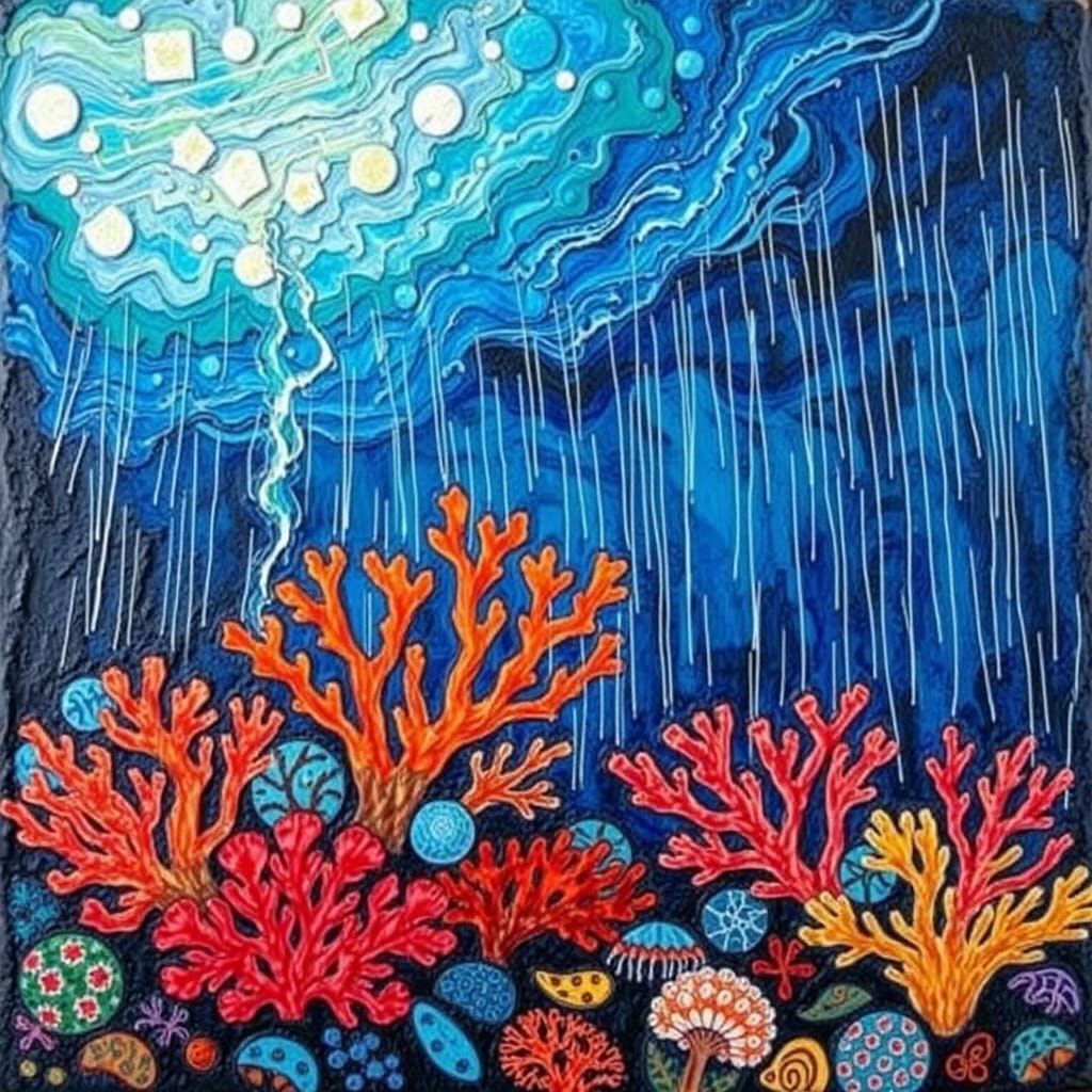 Colorful coral reef, Tachisme dynamic brushwork, violent thunderstorm, rough strokes, Debra Hurd Encaustic thunderstorm ...