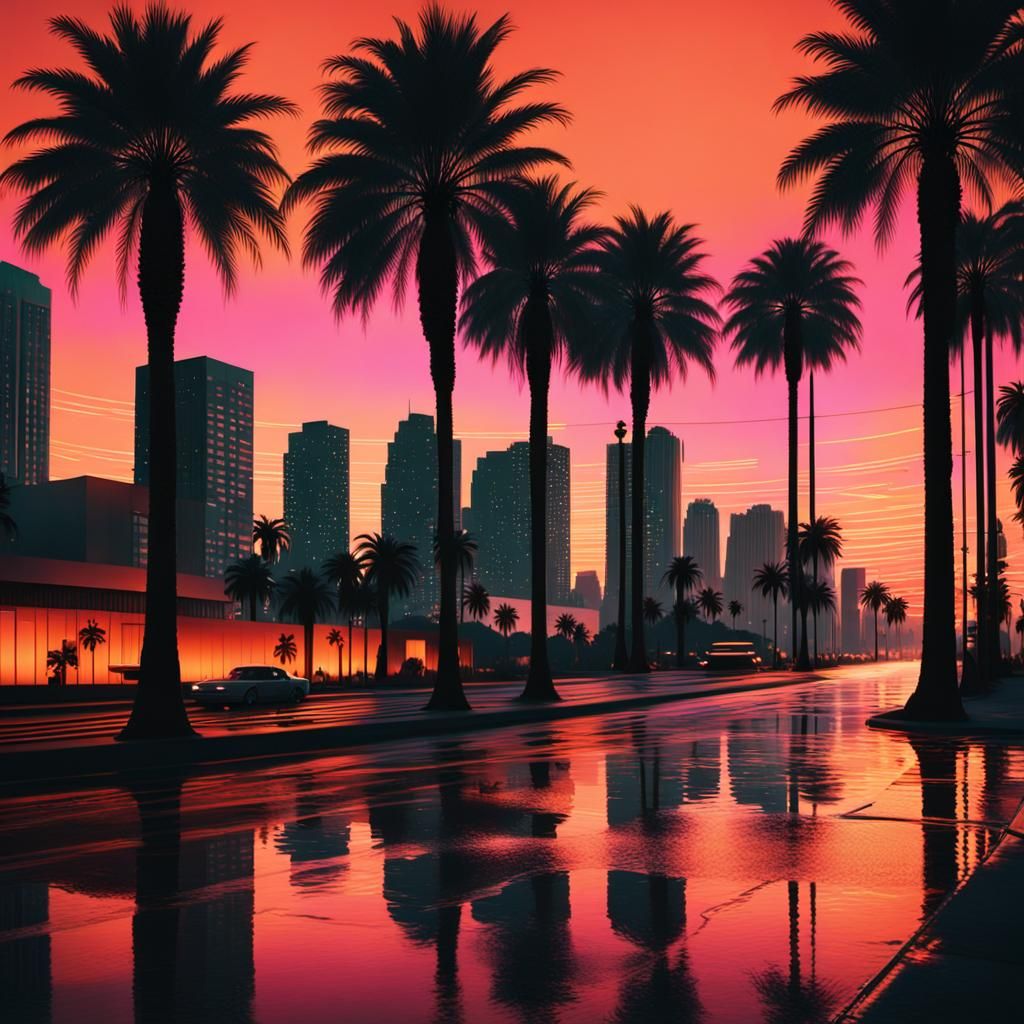 Miami at Dusk: Neon Lights and Art Deco in Cinematic Style