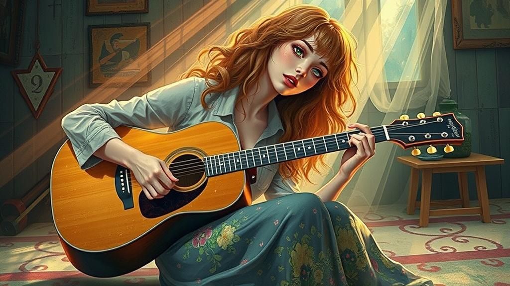 Anime Illustration of a Ginger Woman Playing Guitar