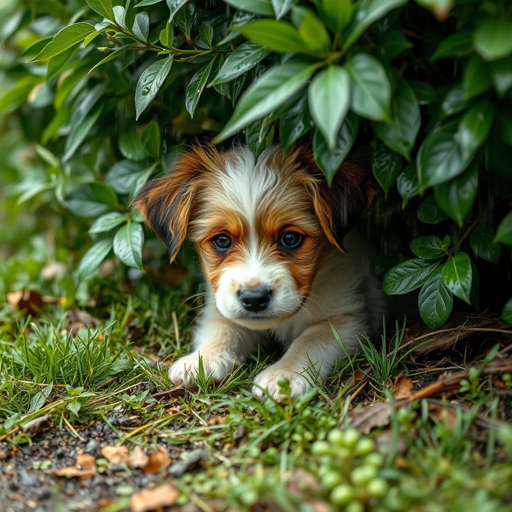 puppy hiding under a bush from the rain