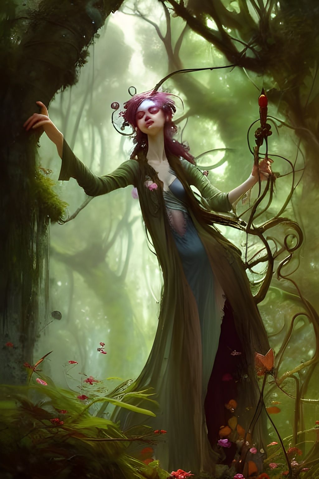 Enchanting Sorceress Practicing Magic in Lush Glade