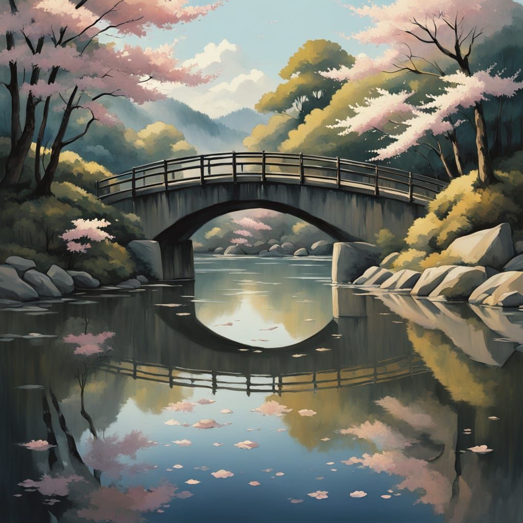 Ancient Bridge Transcended by Cherry Blossom Petals