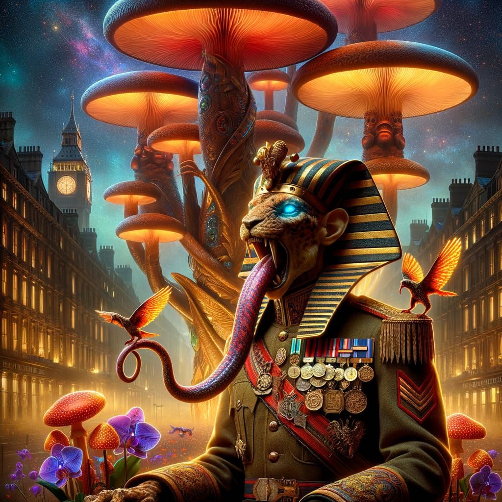 Pharaoh in London with Metallic Sphinx, Cinematic Image