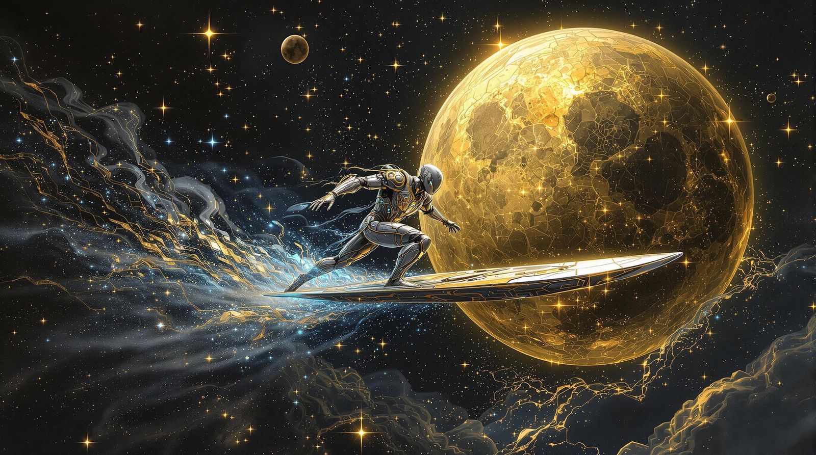 Cosmic Steampunk Silver Surfer Sails Past a Cratered Moon