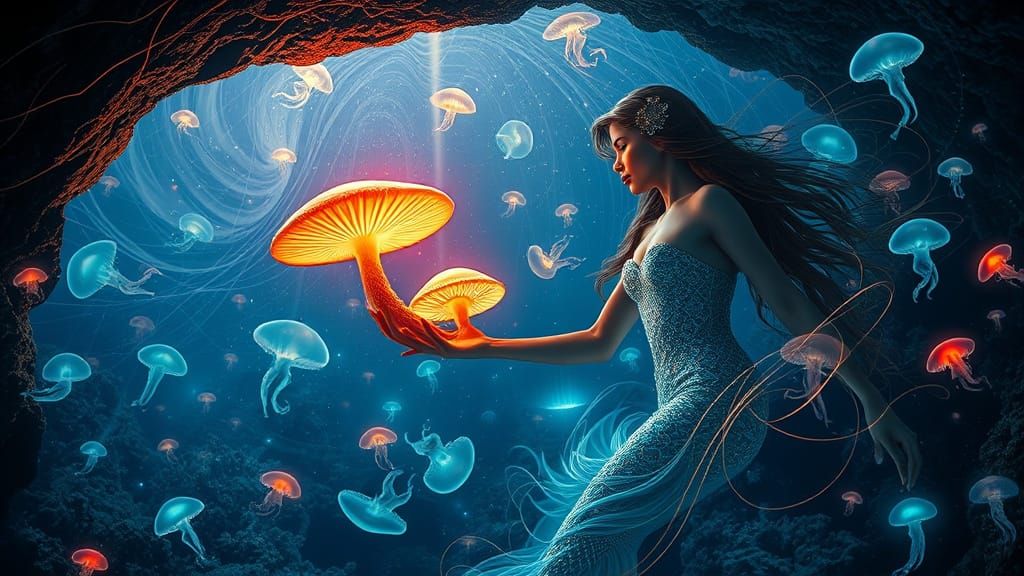 Surreal Mermaid in Cosmic Bio-Art, Glowing Mushroom, and Und...