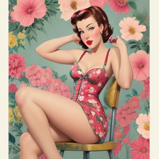 Coloring Page: Floral Pin-Up Art