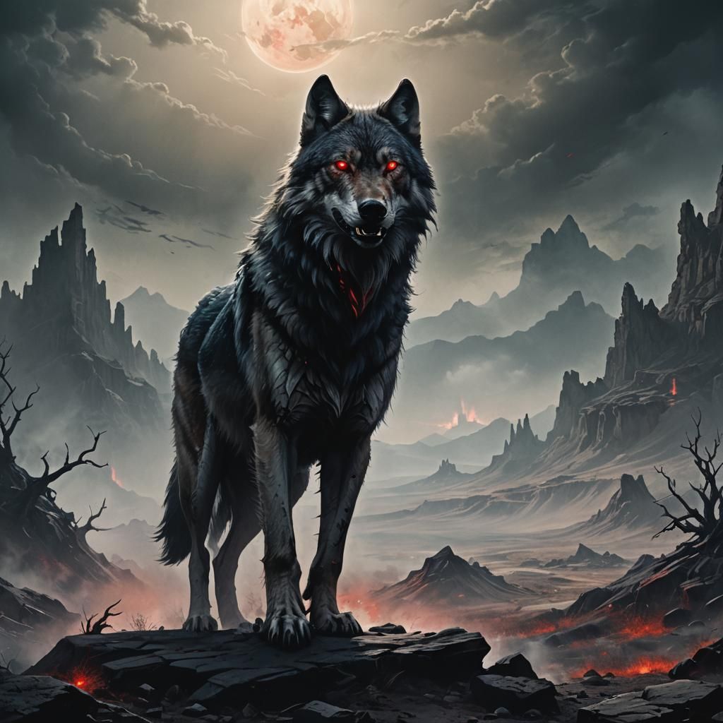 Mystical Wolf Howling in Dark Fantasy Landscape