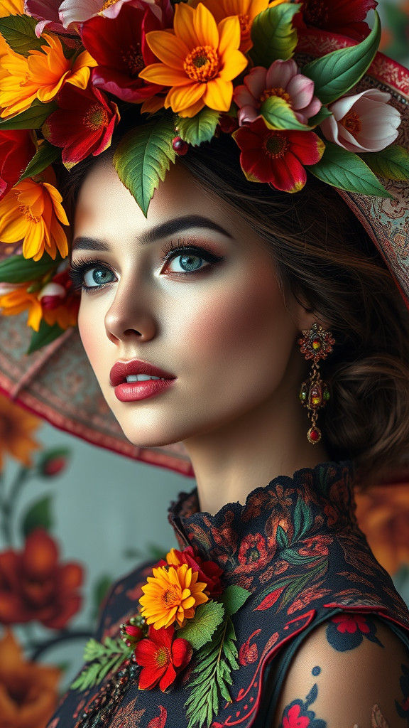 Elegant Woman in Floral Hat, Detailed Portrait