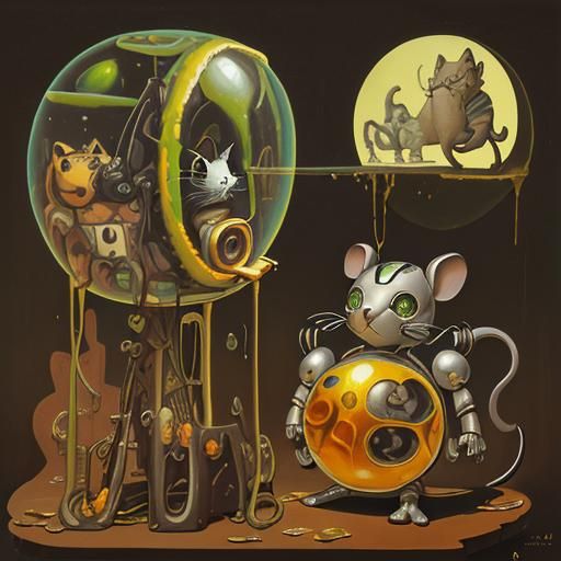 Robot Mouse and Cat in Surrealist Melting Landscape