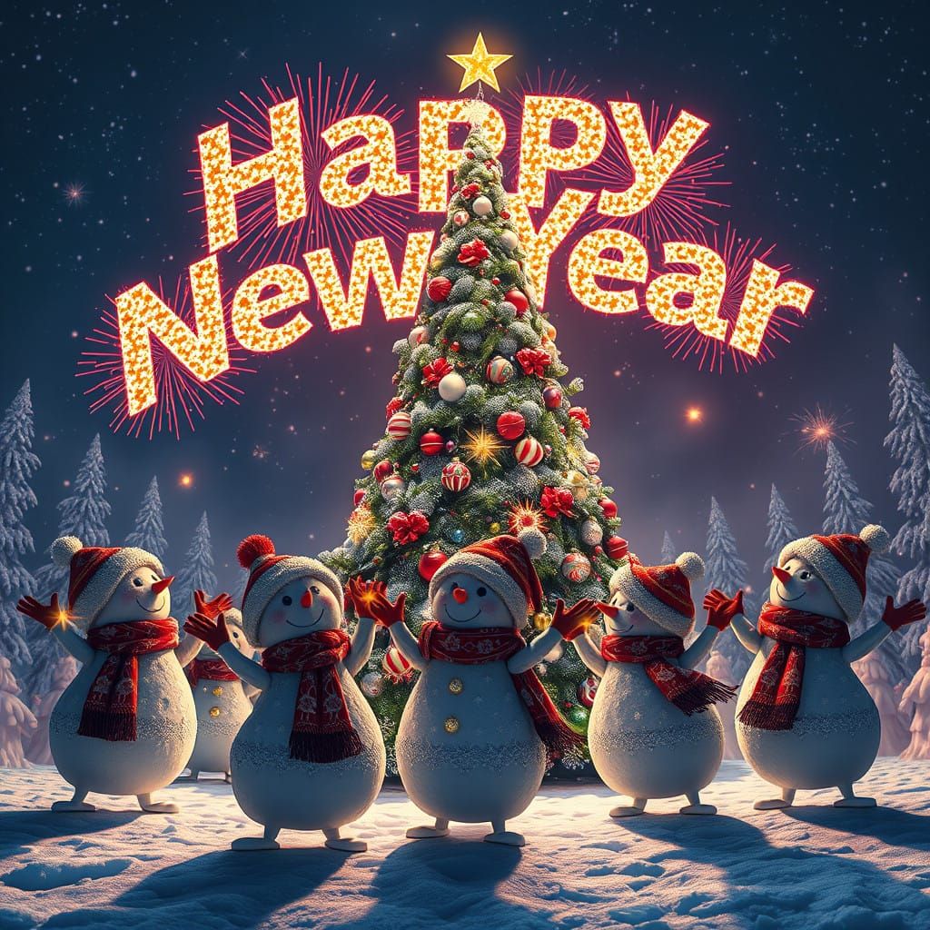 Joyful Snowmen Celebrate New Year in a Vibrant, Realistic Sc...