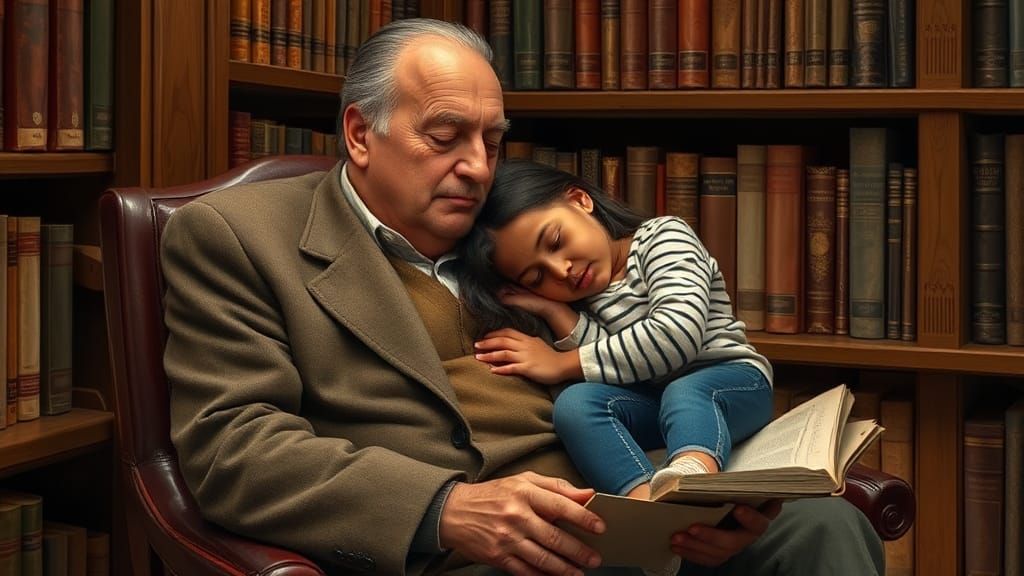 Cozy Library Nap: Man and Girl Sleeping