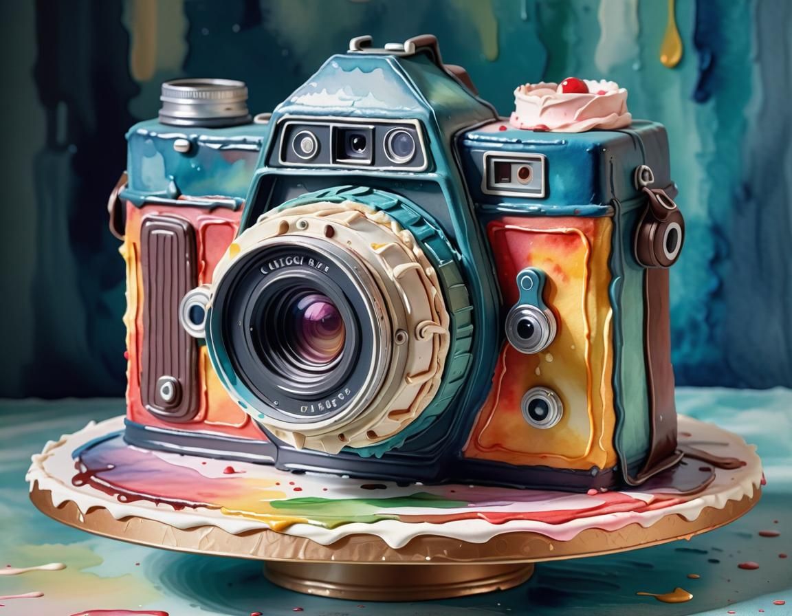Vintage Camera Cake in Gouache Watercolor Style
