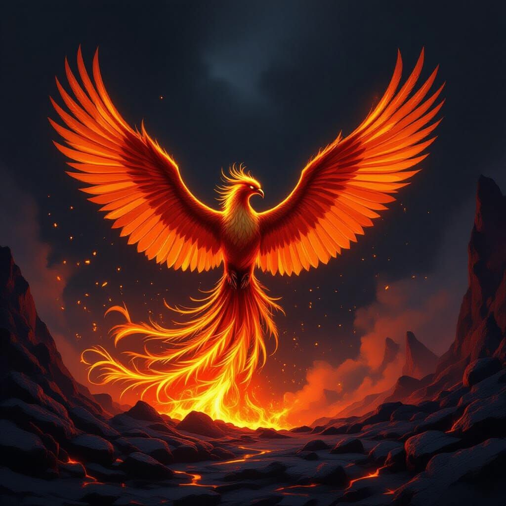 Majestic Phoenix Rising From Embers in Volcanic Landscape