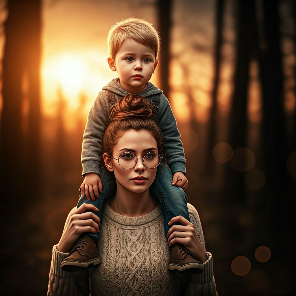 Woman Carrying Boy at Golden Hour Sunset