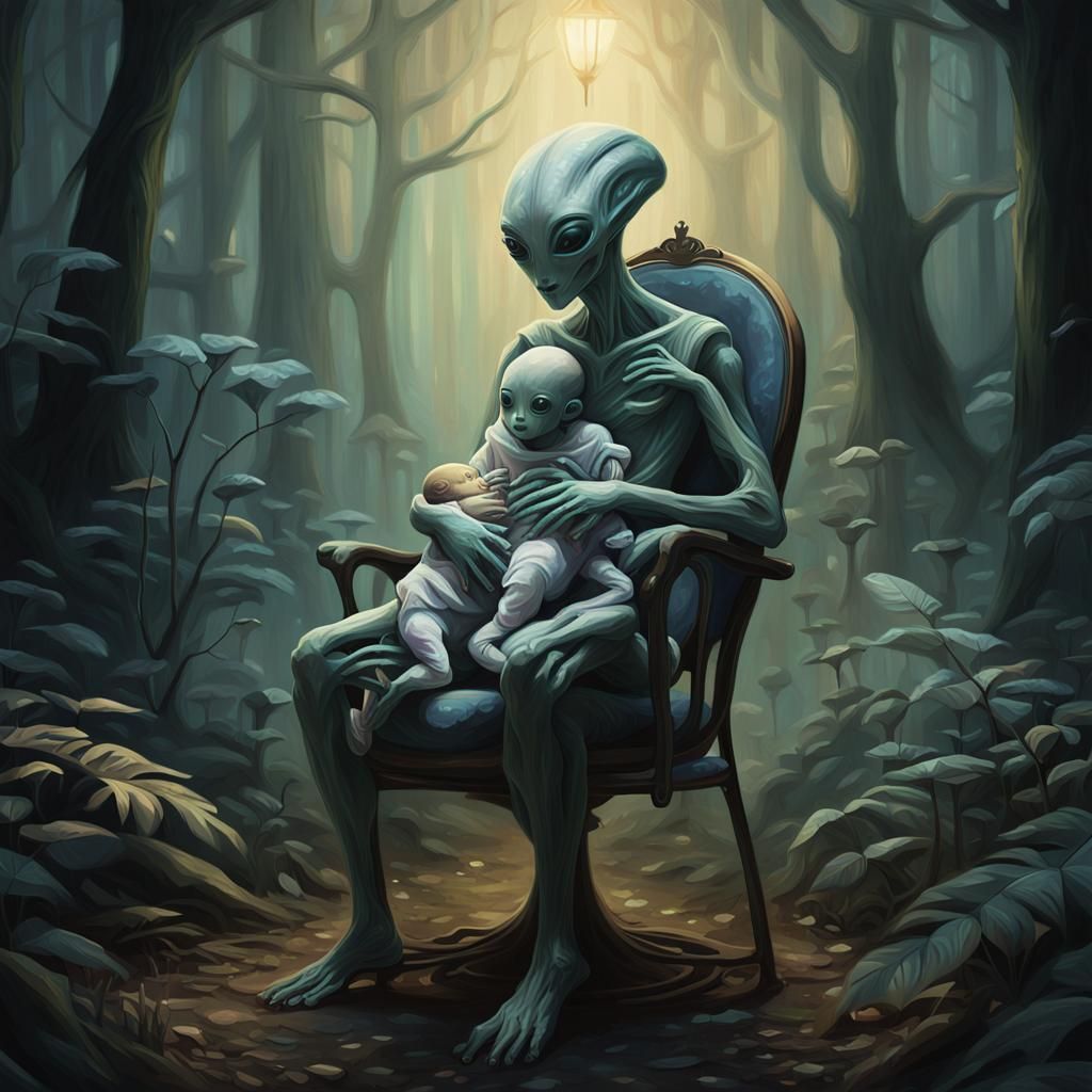 Alien and Human Child in Mystical Forest