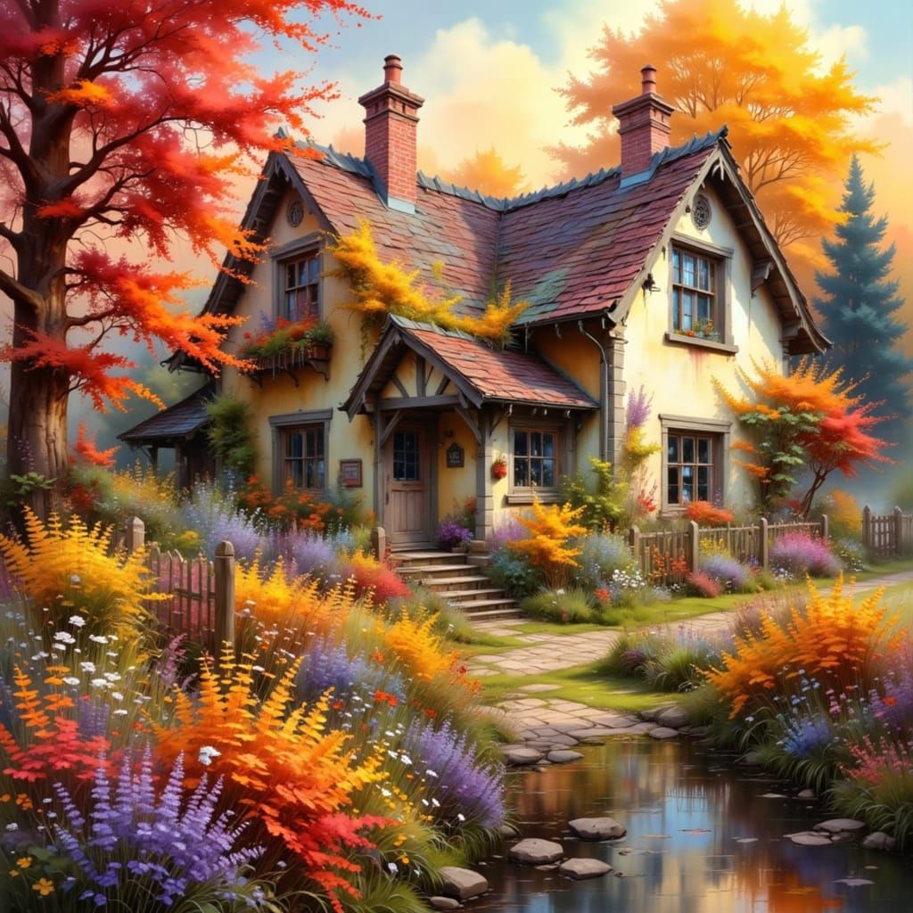 Autumn Cottage in Painting Style