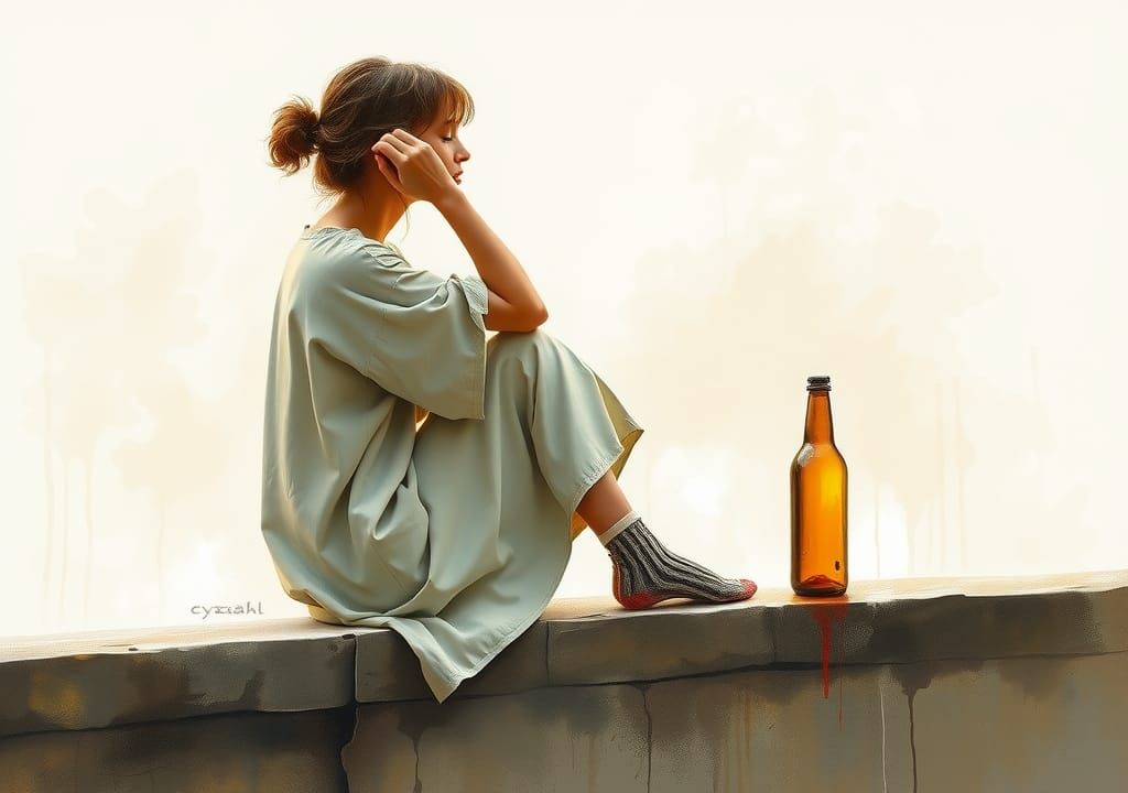 Contemplative Woman on Ledge in Watercolor Style
