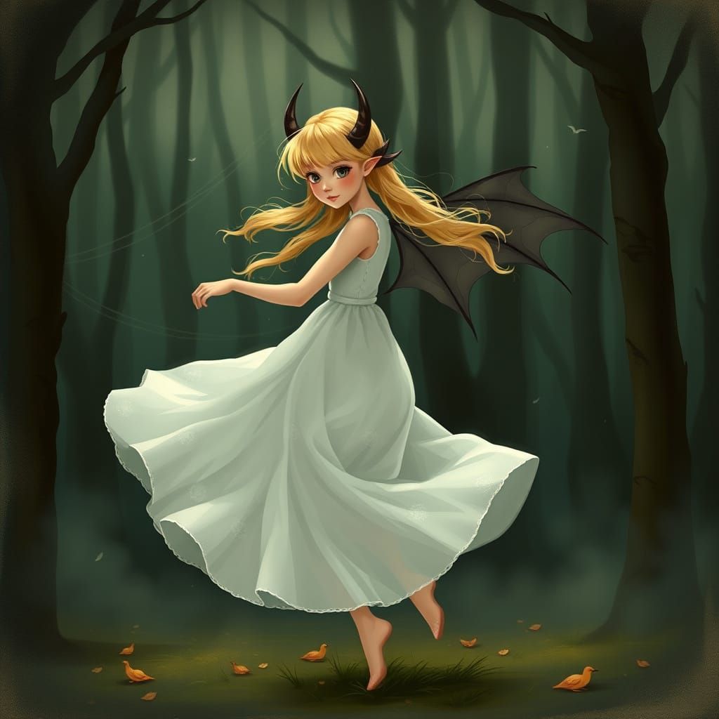 Whimsical Forest Girl with Bat Wings