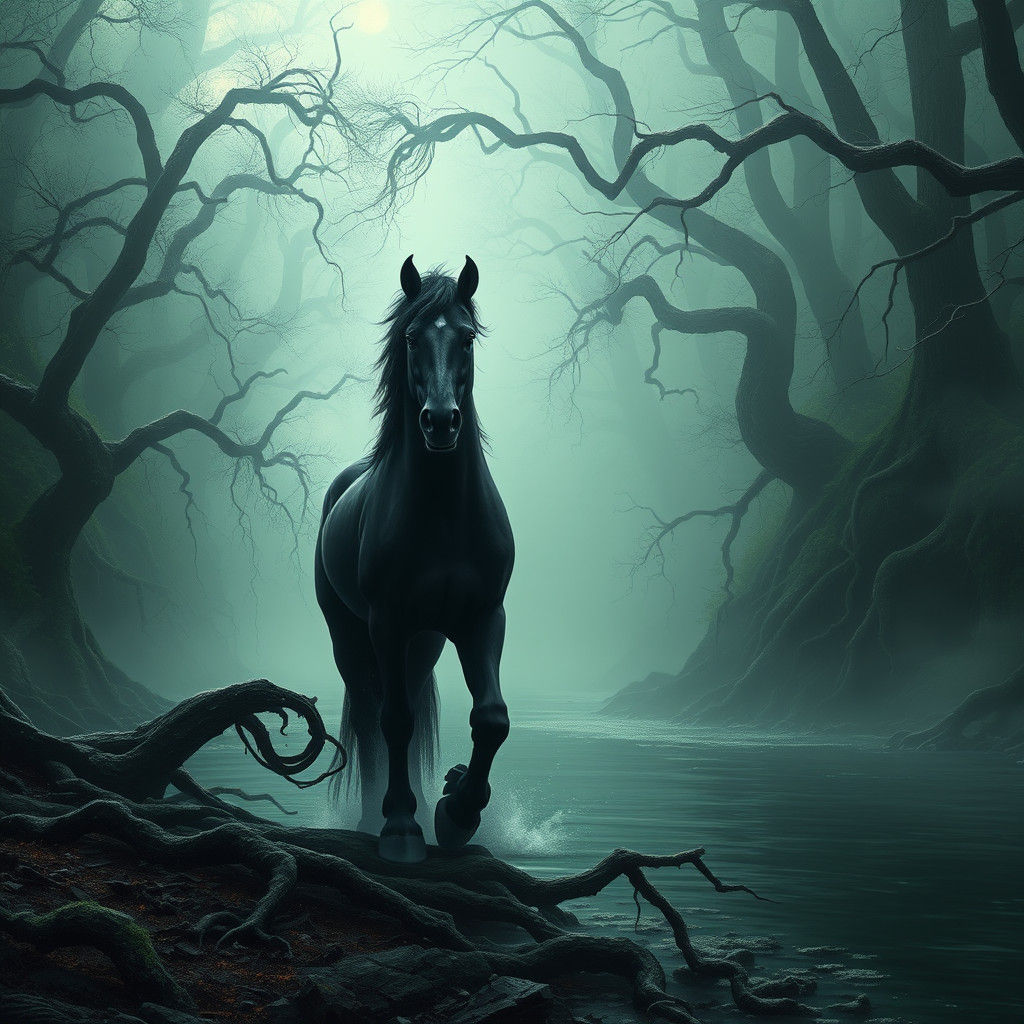 Ominous Kelpie at River's Edge in Dark Fantasy