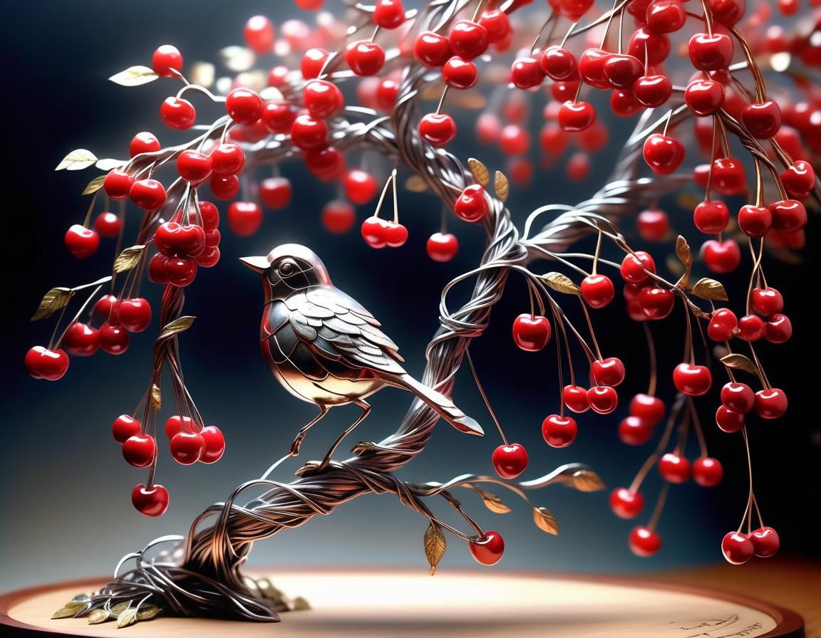Filigree Cherry Tree with Hovering Bird