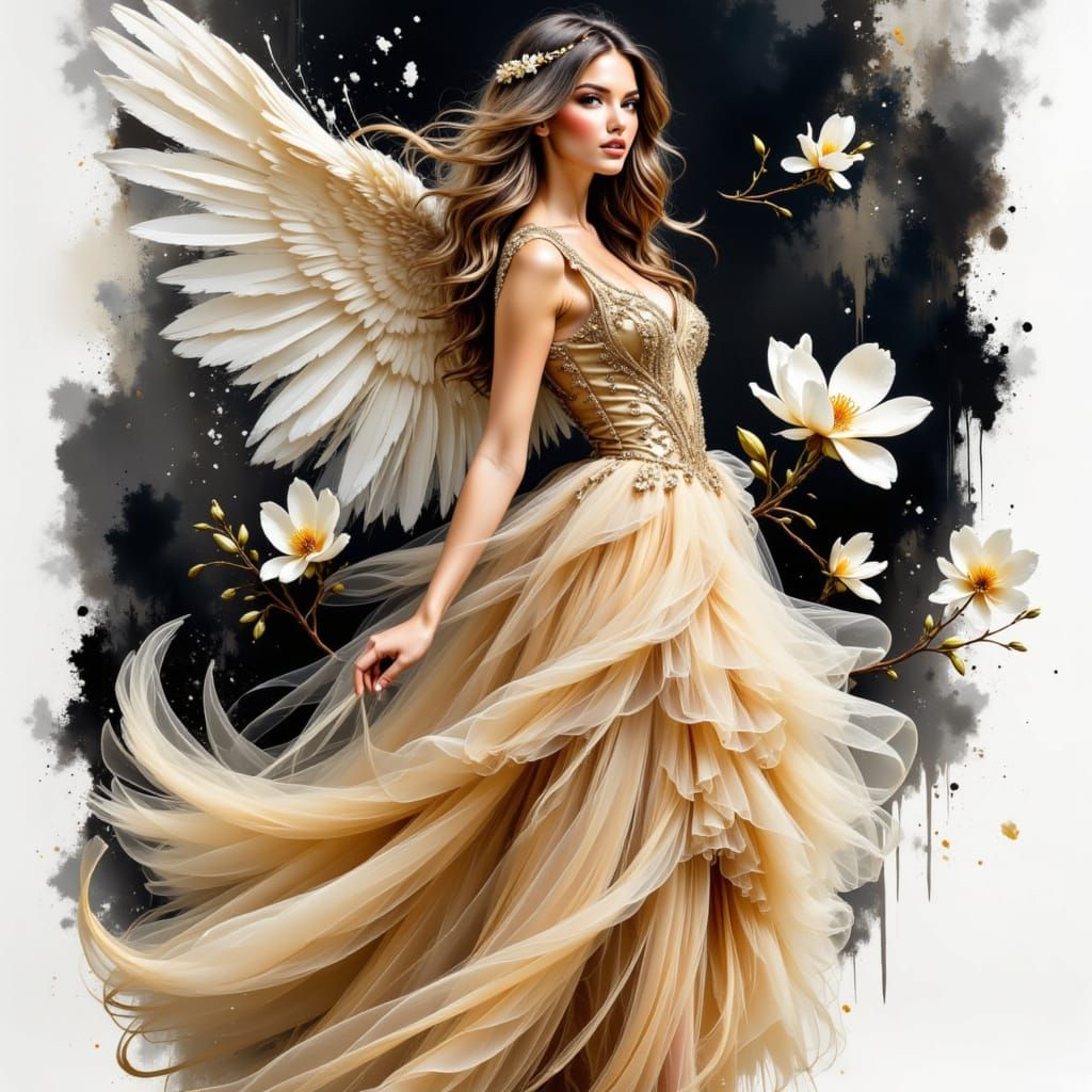 a woman angel in a golden dress
