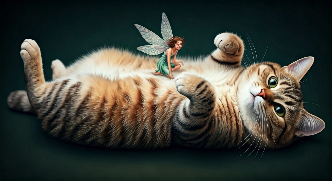 Whimsical Fairy Perched on Curious Cat's Chest