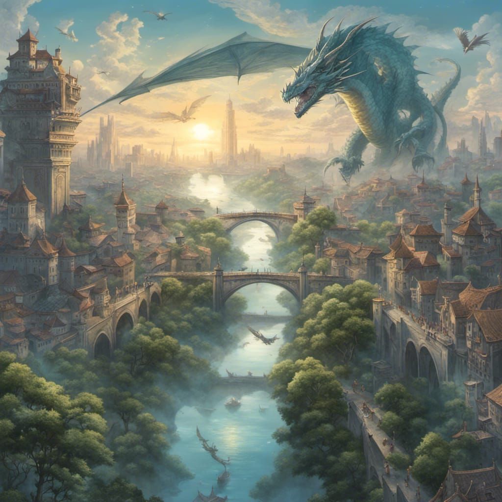 City in the Clouds with Dragons, Ethereal Fantasy