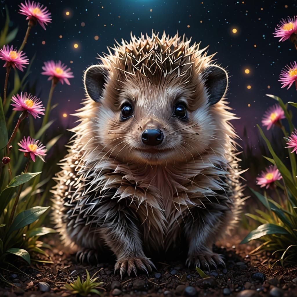 Adorable Hedgehog Cub in a Dreamy Nightscape