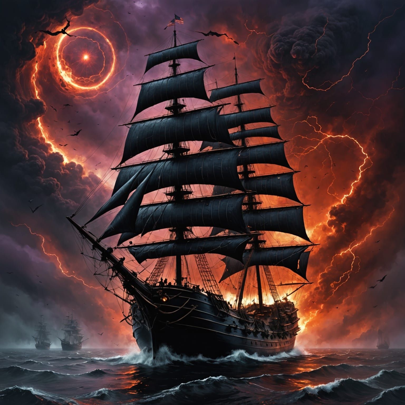 Vintage Sailing Ship Emerges from Dark Cosmic Vortex