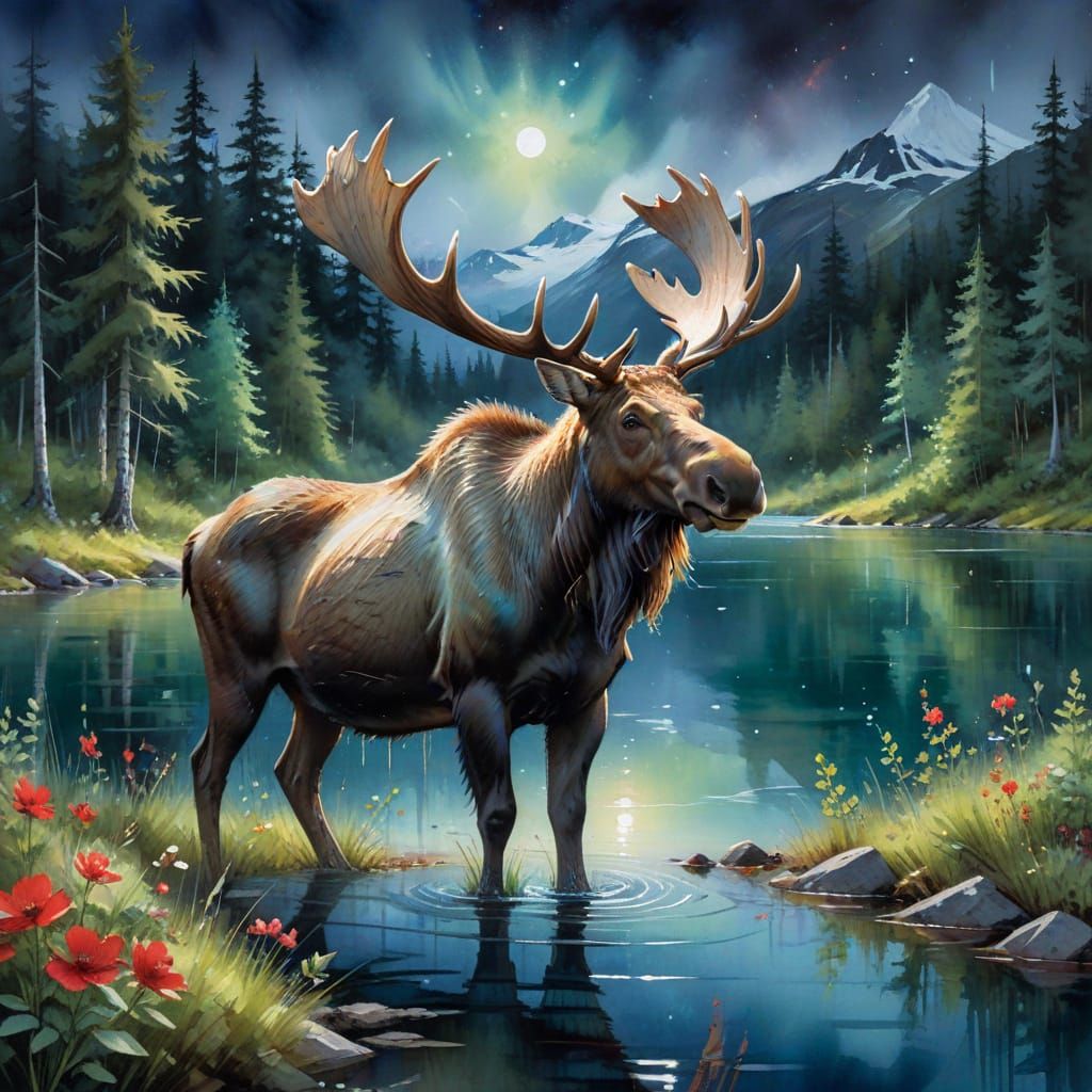 Majestic Moose Under Northern Lights, Watercolor Style