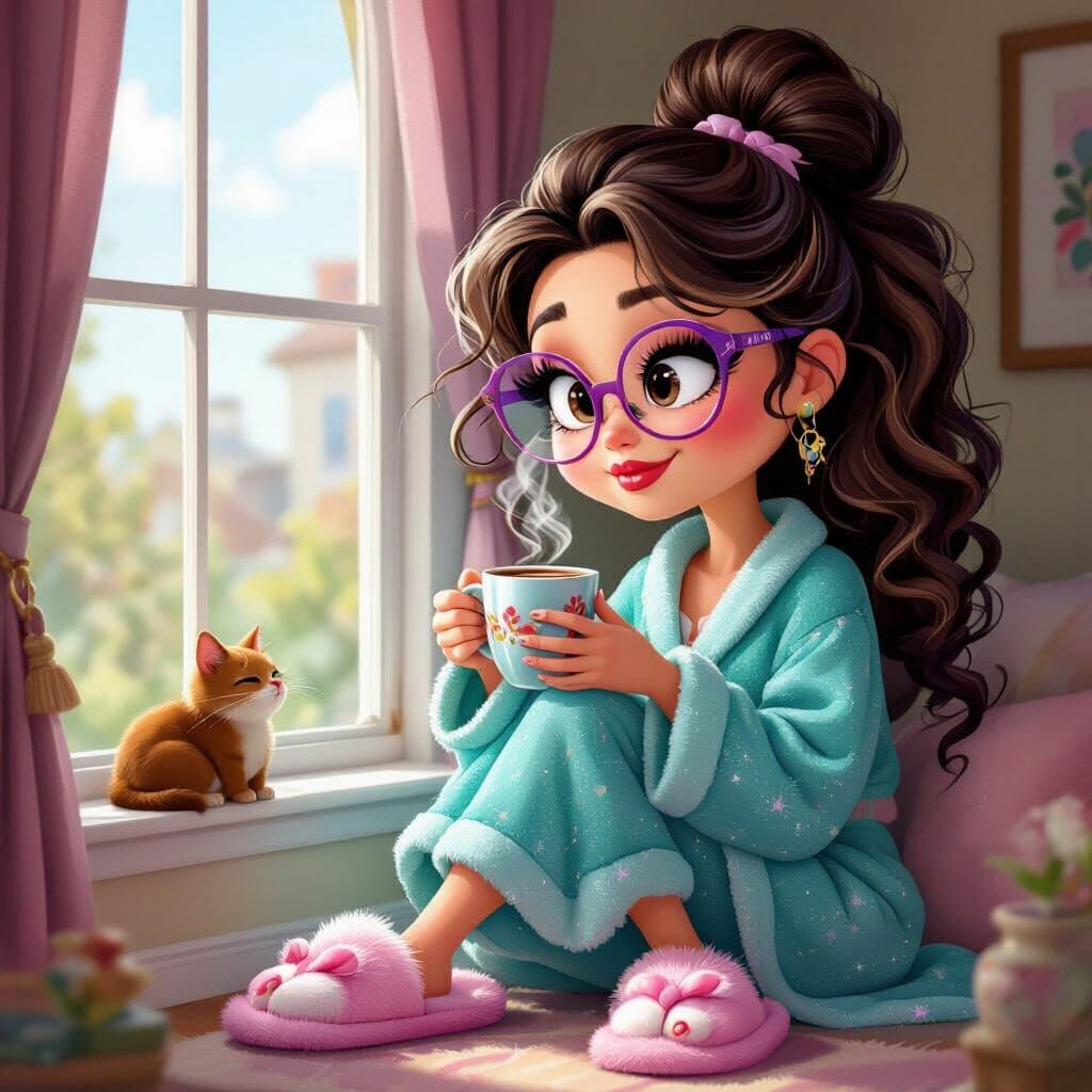 Pixar-Style Sassy Lady with Coffee and Cat