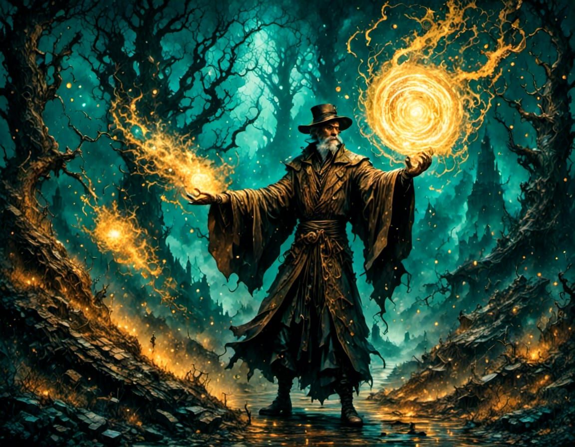 Ancient Mage Casting Spell in Cyberpunk Style